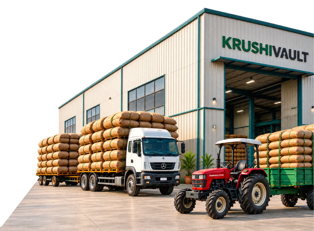KrushiVault warehouse with trucks and tractor
