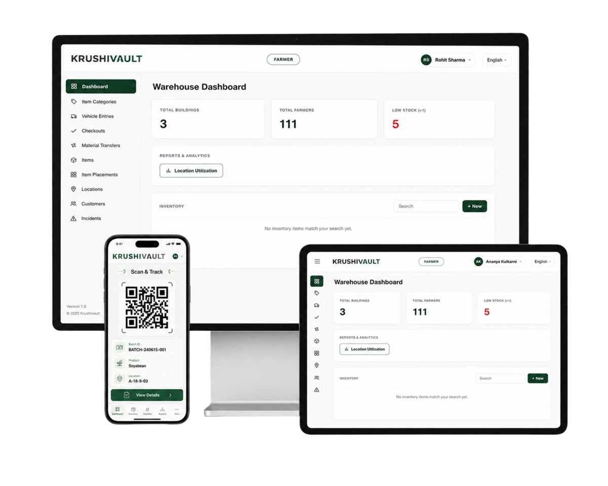 KrushiVault dashboard on desktop, tablet and mobile